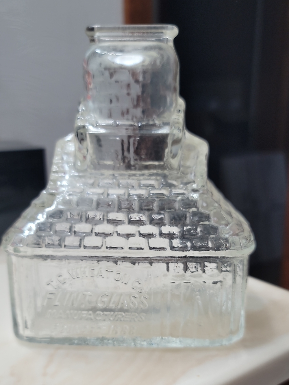 Vintage 1970s T. C. Wheaton Co. Flint Clear Glass Textured Bank Bottle